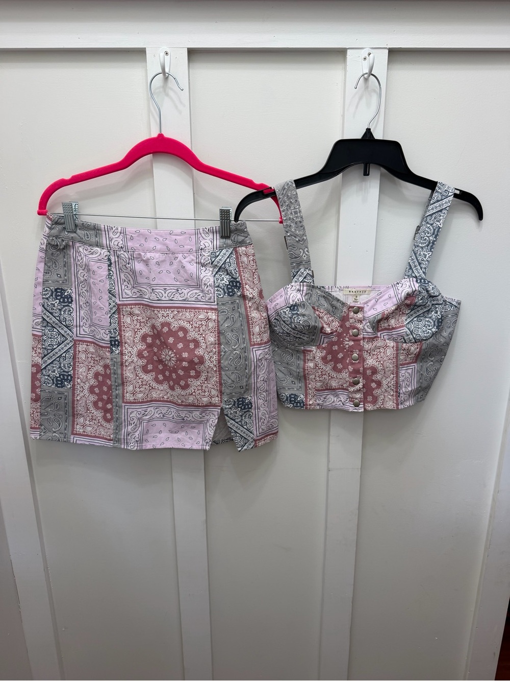 Patchwork Print Pink & Gray Crop Top and Skirt Set